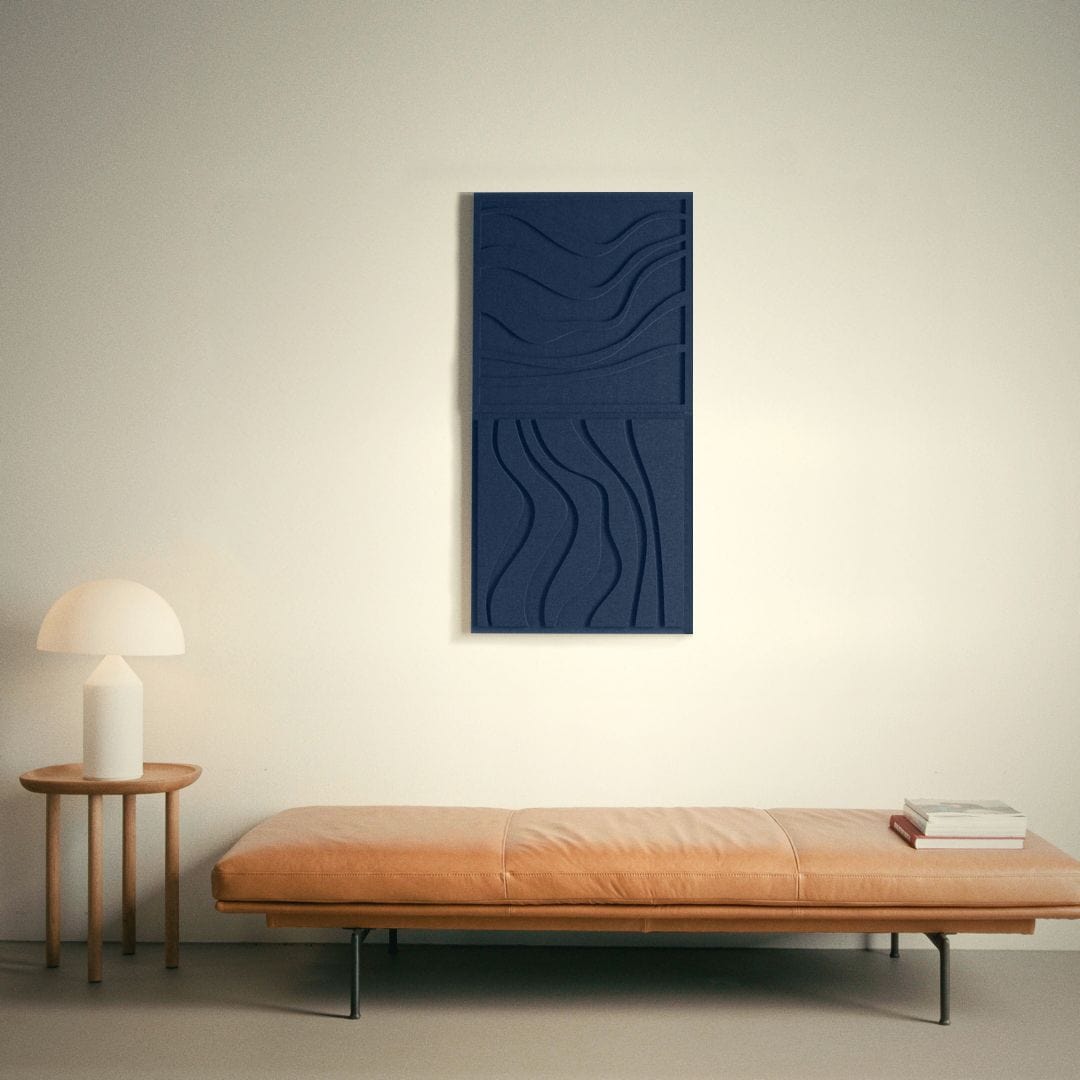 Living room featuring Arturel's blue acoustic wall panel for sound absorption