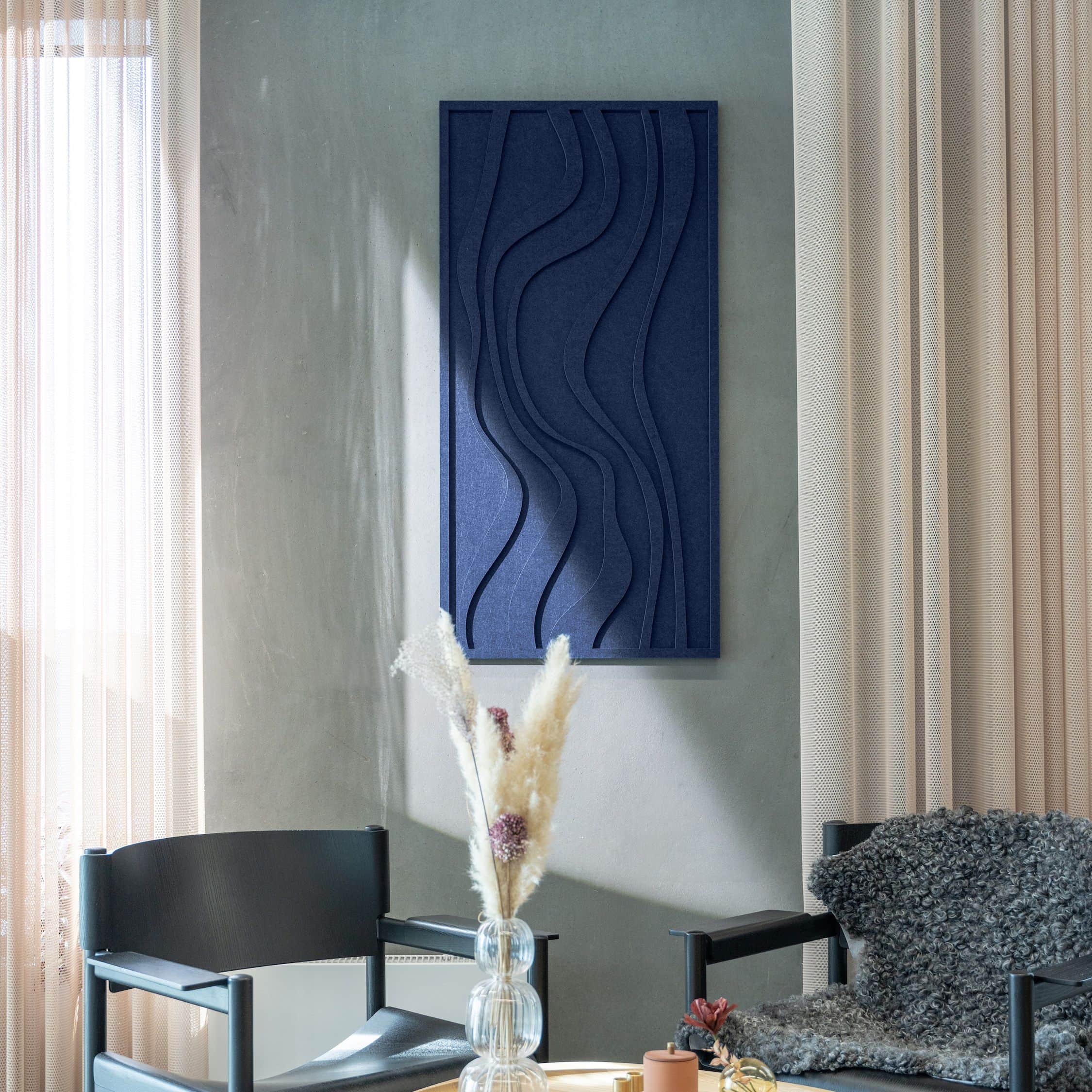 Modern interior with Arturel's blue Wave tile acoustic art panel